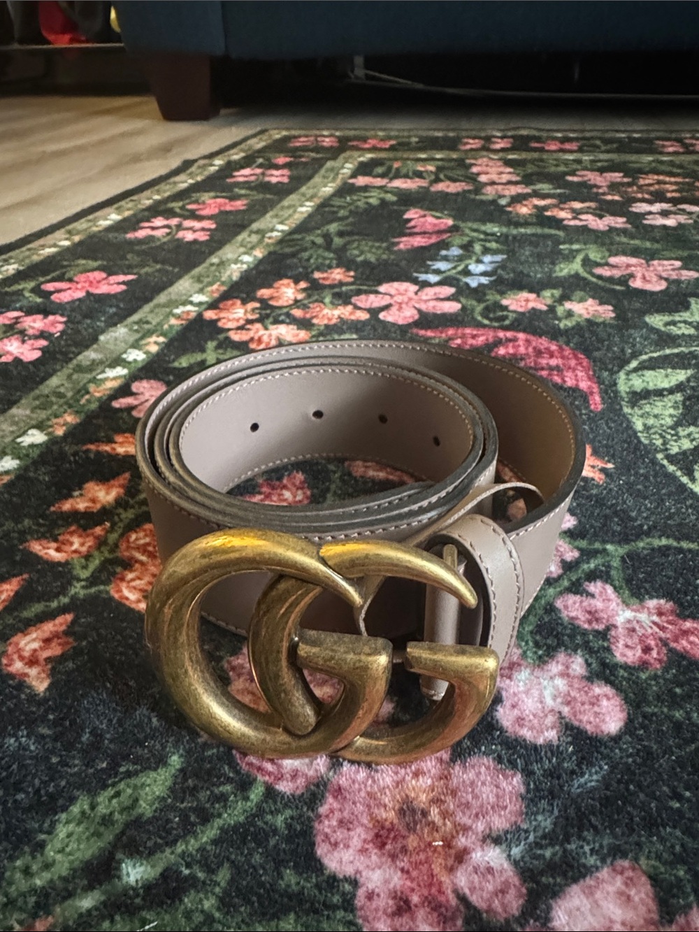 Gucci Taupe Leather Belt with Antique Gold Double G Buckle